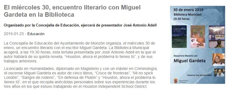 El Ayuntamiento de Monzón organiza este miércoles un encuentro literario con el escritor Miguel Gardeta