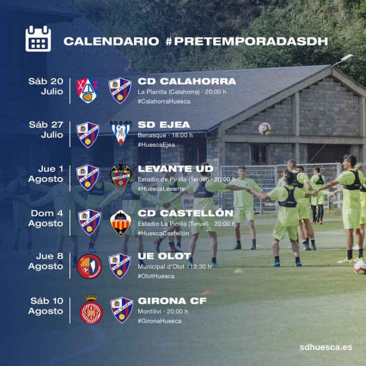 Calendario de pretemporada de la SD Huesca. Fuente: SD Huesca.