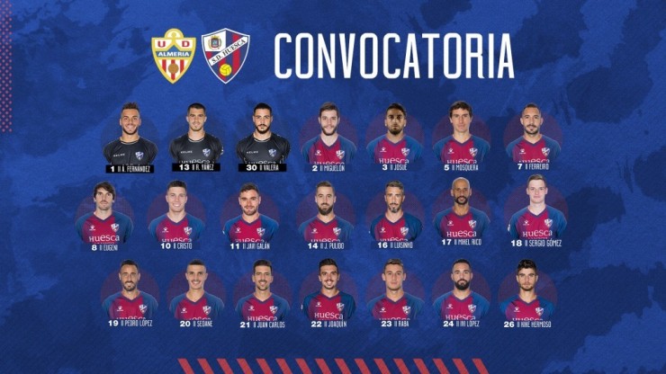 Convocatoria de 21 jugadores para viajar a Almería. Fuente: SD Huesca.