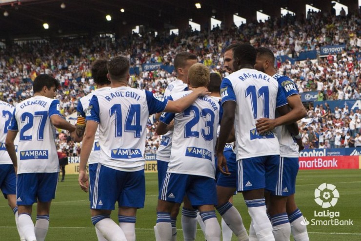 El Zaragoza celebra el primer gol del partido. Fuente: La Liga.