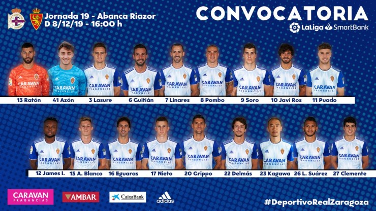 Convocatoria del Real Zaragoza para el duelo ante el Deportivo de La Coruña.