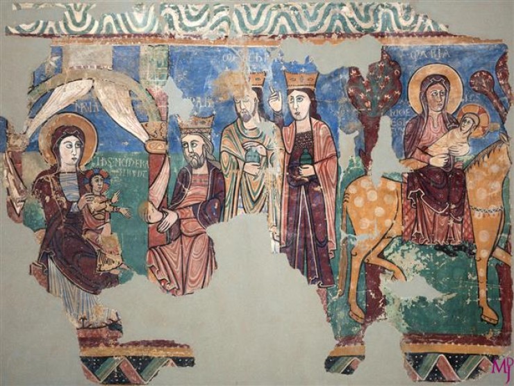 Las pinturas de Navasa, del principios del siglo III, muestran a Cristo en el regazo de María recibiendo los regalos de los tres Reyes Magos