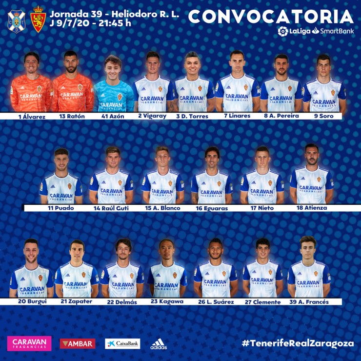Convocatoria del Real Zaragoza frente al CD Tenerife