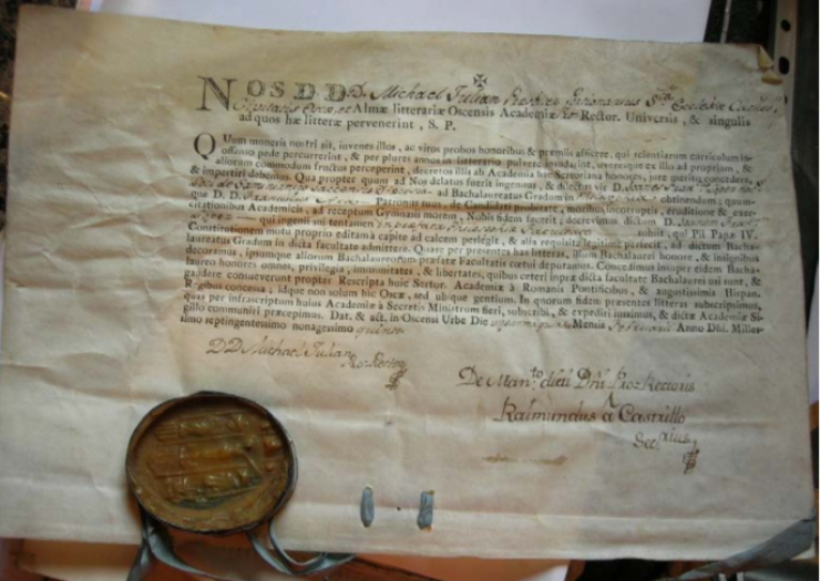 Título de Bachiller en filosofía del vecino de Sabiñánigo, Julián Francisco López, fechado el 25 de febrero de 1795