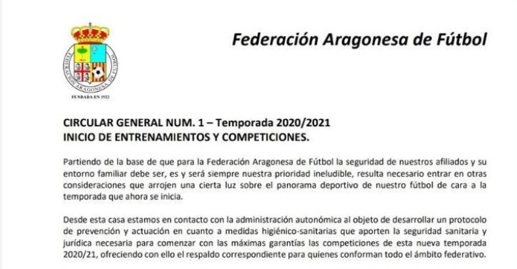 Imagen de la circular que la Federación Aragonesa de Fútbol ha remitido a los clubes.