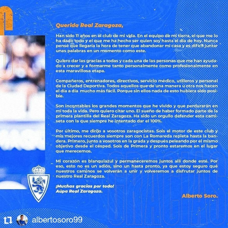 Carta de despedida de Alberto Soro en instagram