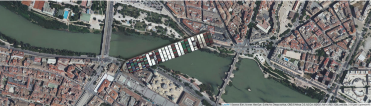 El buque 'Ever Given' si estuviese en el Ebro