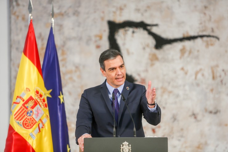 El presidente del Gobierno, Pedro Sánchez, interviene durante un acto en La Moncloa