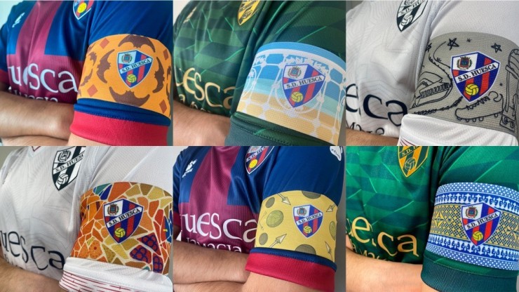Collage con algunos brazaletes de la SD Huesca. Imagen: SD Huesca.