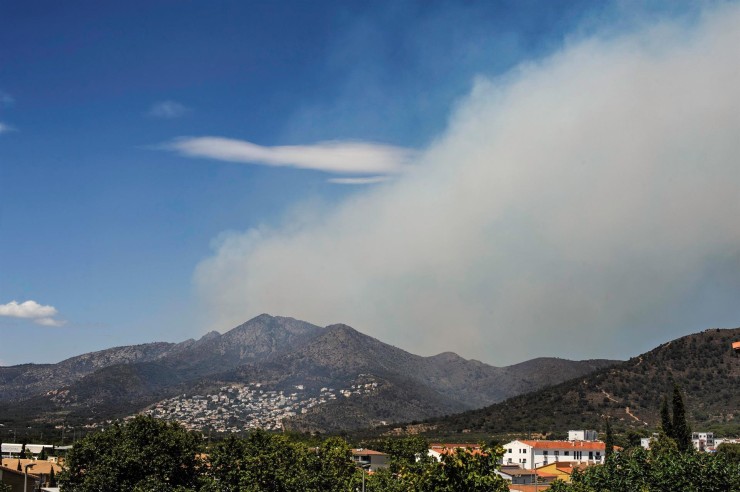 El incendio forestal que ha comenzado este mediodía en Llançà (EP).