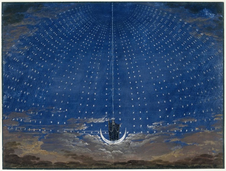 La llegada de la Reina de la Noche, antes de su primer aria. Puesta en escena por Karl Friedrich Schinkel (1781-1841) para una producción de 1815 y 1820