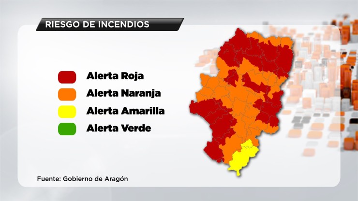 Mapa de Aragón con el riesgo de incendios para este domingo