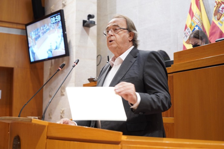 El consejero de Hacienda, Carlos Pérez Anadón, durante su comparecencia de este jueves en el Pleno.(CORTES DE ARAGÓN)