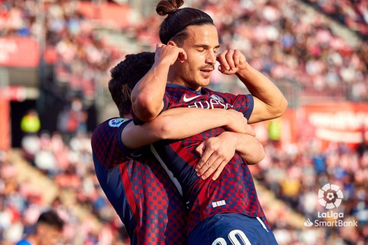 Celebración de un gol de Jaime Seoane con el Huesca. Foto: LaLiga