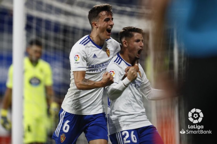 Francés y Borja Sainz celebran el gol del empate en Lugo. Foto: LaLiga