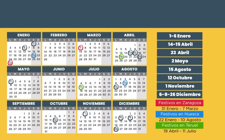 Calendario laboral con los días festivos en 2022 en Aragón.