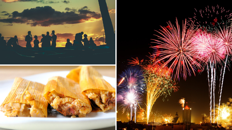 Fotografía de una fiesta en la playa, un plato de tamal y unos fuegos artificiales. Ejemplos de celebraciones de Nochevieja en el mundo. / Canva.