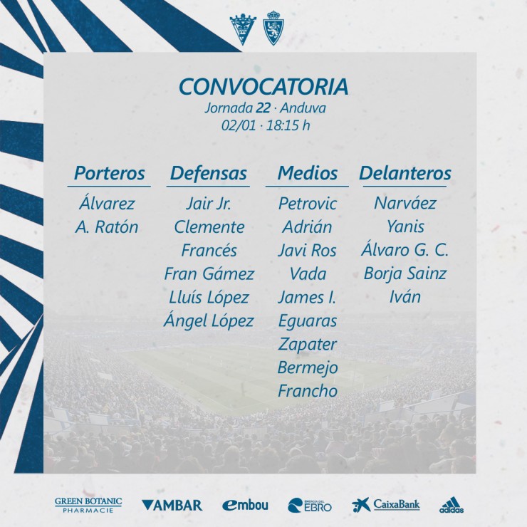 Lista de convocados del Real Zaragoza para el duelo ante el Mirandés.