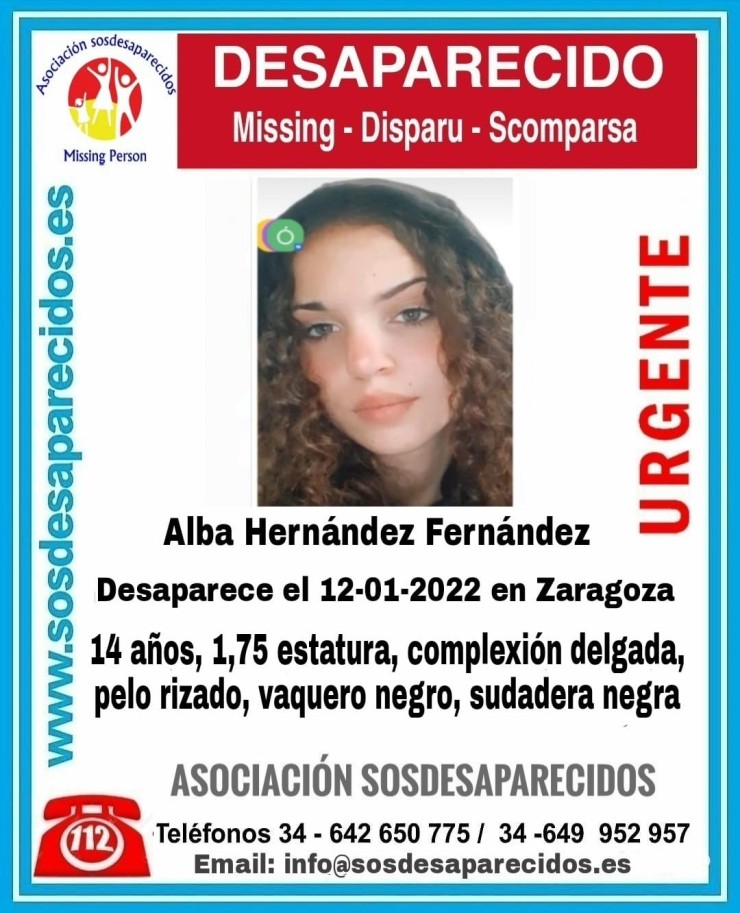 La menor desaparecida el miércoles, 12 de diciembre, en Zaragoza. Imagen: SOS Desaparecidos