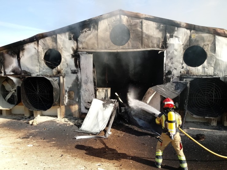 Los Bomberos de la Diputación de Teruel trabajan en la extinción del fuego en  una granja en Molinos (Teruel).