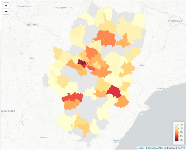 Mapa de casos de COVID-19 en Aragón.