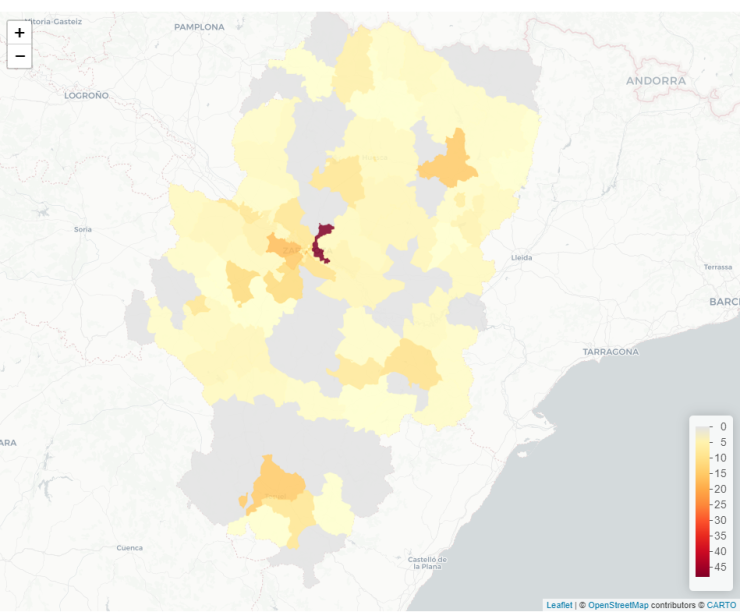 Mapa de casos de COVID-19 en Aragón.