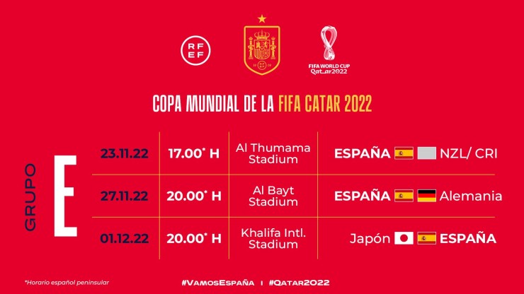 Estos son los horarios de los partidos de la fase de grupos de la selección española en el próximo mundial.