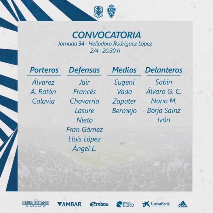 Lista del Real Zaragoza para el duelo ante el CD Tenerife de este sábado.