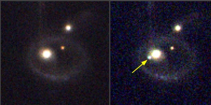 Imágenes de la galaxia IIHz4, observada por el proyecto de tiempo abierto del OAJ J-VAR, antes (izquierda) y después (derecha) de la detección de la supernova del 12 de diciembre, cuya posición está indicada con una flecha amarilla. Foto: Centro de Estudios de Física del Cosmos de Aragón (CEFCA).