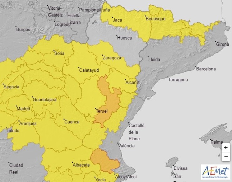La AEMET ha activado avisos de nivel amarillo y naranja por fuertes lluvias y granizo en varios puntos de Aragón. | AEMET