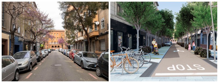 El antes y el después de la calle Ricla. / Fotos: Ayuntamiento de Zaragoza