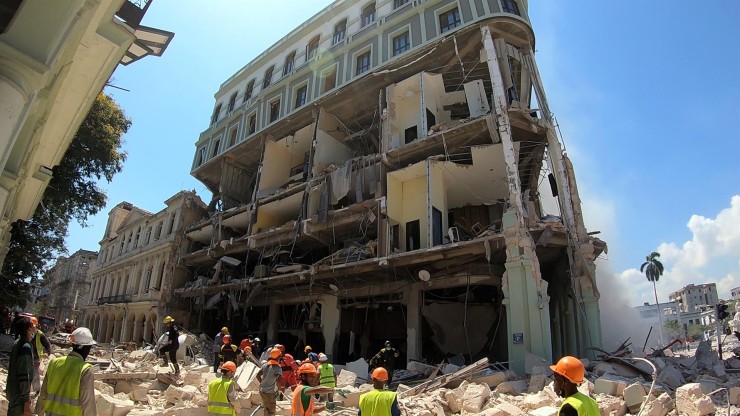 Cuerpos de emergencia trabajan en la zona de la explosión en el Hotel Saratoga, en la capital cubana. / Foto: EFE.
