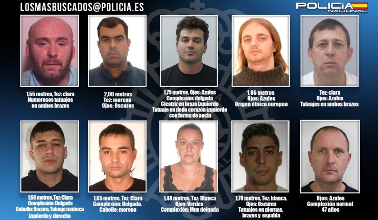 Imagen de los 10 fugitivos buscados. Fuente: Policía Nacional.