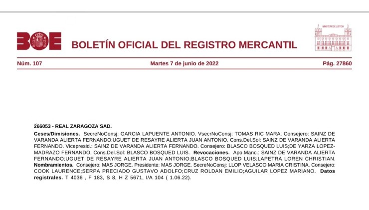 Página del Boletín Oficial del Registro Mercantil donde se reflejan los cambios en el club.