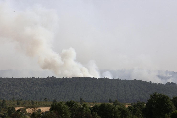 Varias columnas de humo emergen de una zona forestal este jueves durante un incendio declarado cerca del término municipal de Riofrío de Aliste, en Zamora. (EFE/Mariam A. Montesinos).