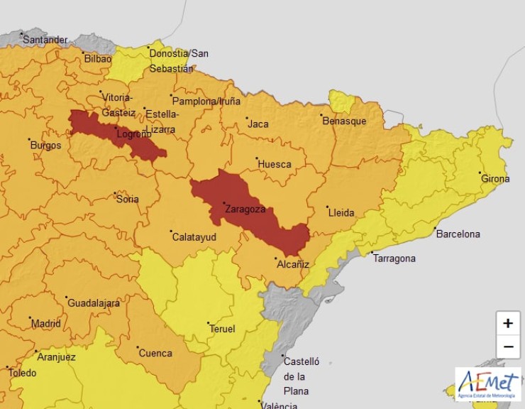 Mapa de los avisos de riesgo por altas temperaturas en Aragón. | AEMET