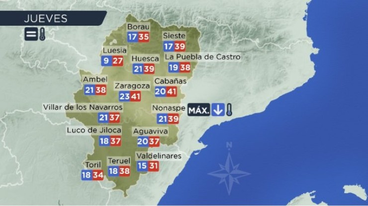 Previsión de temperaturas para este jueves en Aragón./ El Tiempo Aragón TV
