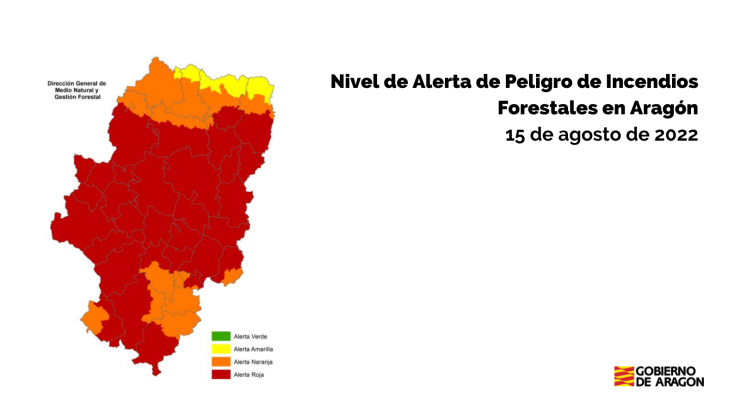 Alerta roja de peligro de incendios forestales en gran parte de Aragón. / Gobierno de Aragón.