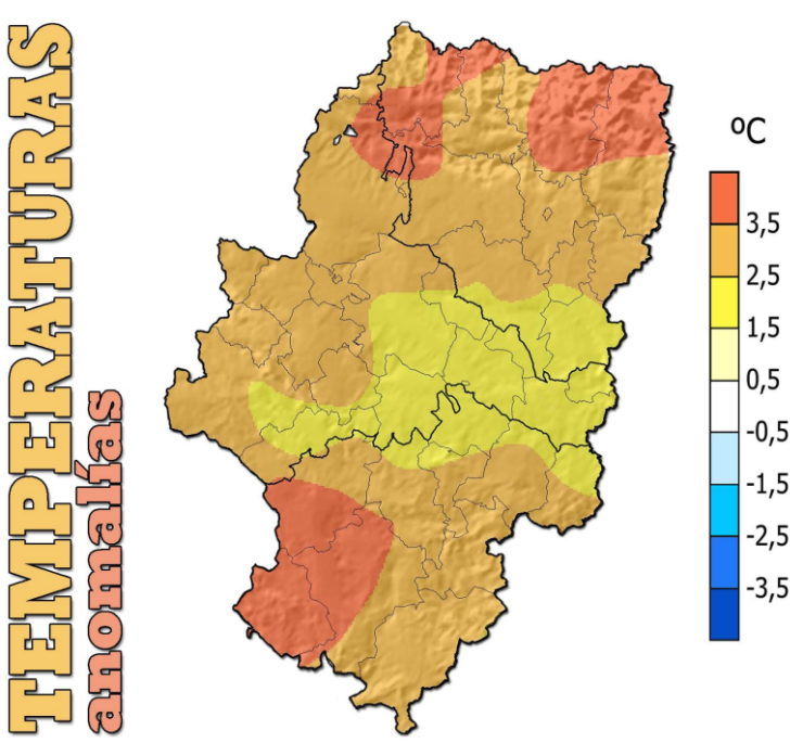 Mapa de las anomalías térmicas registradas por la AEMET./ AEMET Aragón