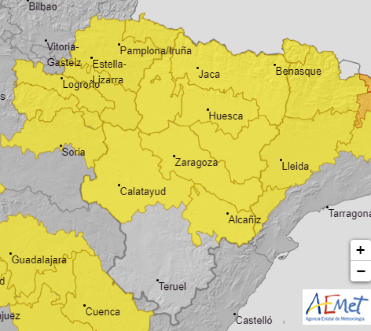 Mapa con los avisos activos en Aragón para hoy. | Aemet