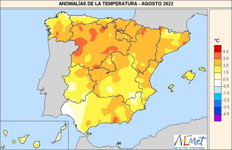 La anomalías térmicas en el verano han sido más acusadas en la mitad norte de la España peninsular. | Aemet