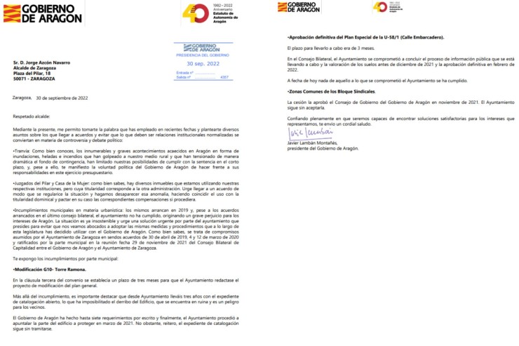 Carta remitida por el presidente de Aragón, Javier Lambán, al alcalde de Zaragoza, Jorge Azcón.