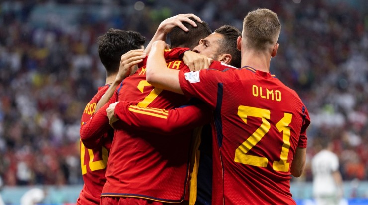 Varios jugadores de la selección española celebran el gol de Morata. Foto: RFEF