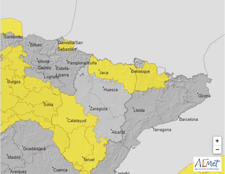 Mapa de avisos de Aemet en Aragón. / Aemet