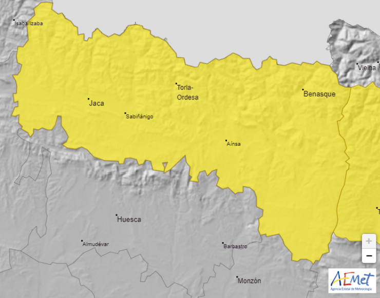 Mapa del aviso amarillo para el Pirineo. | Aemet