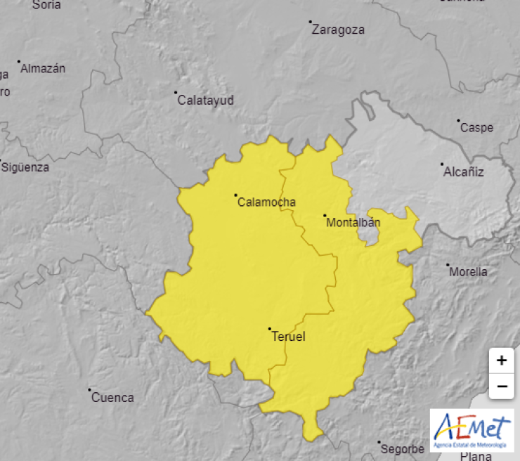 Mapa del aviso amarillo por nevadas para la provincia de Teruel. | Aemet