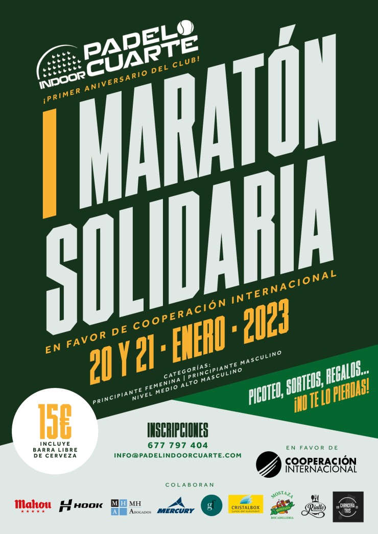 El Pádel Indoor Cuarte organiza la I Maratón de Pádel Solidario.