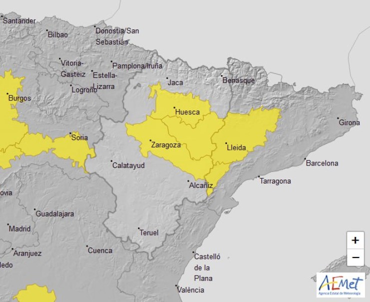 Mapa del alcance del aviso amarillo por nieblas en Aragón. | AEMET