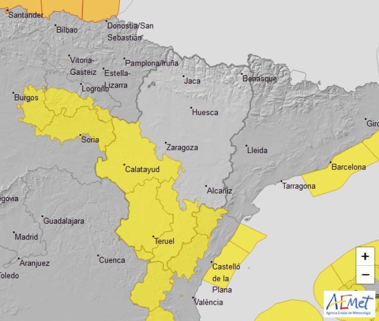 Mapa de las zonas en alerta amarilla por fuertes rachas de viento. | Aemet