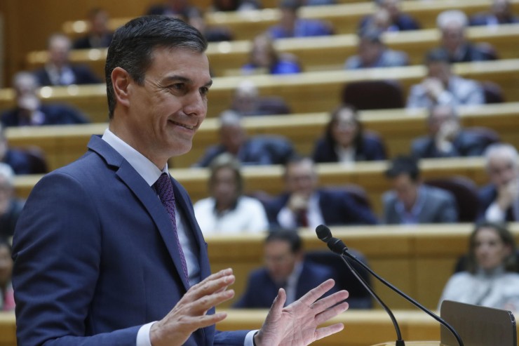 El presidente del Gobierno, Pedro Sánchez, interviene en el pleno del Senado, este martes en Madrid. EFE/ Zipi.